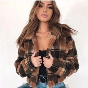 Brown Plaid Faux Teddy Bear Fuzzy Cropped Jacket